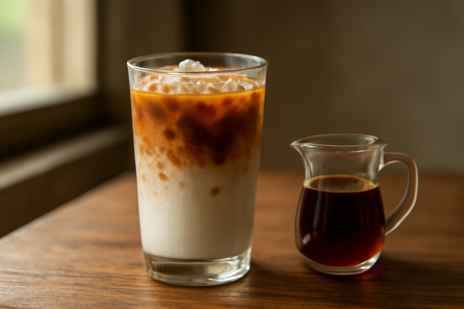 Segelas es kopi susu gula aren dengan sirup gula aren di sampingnya