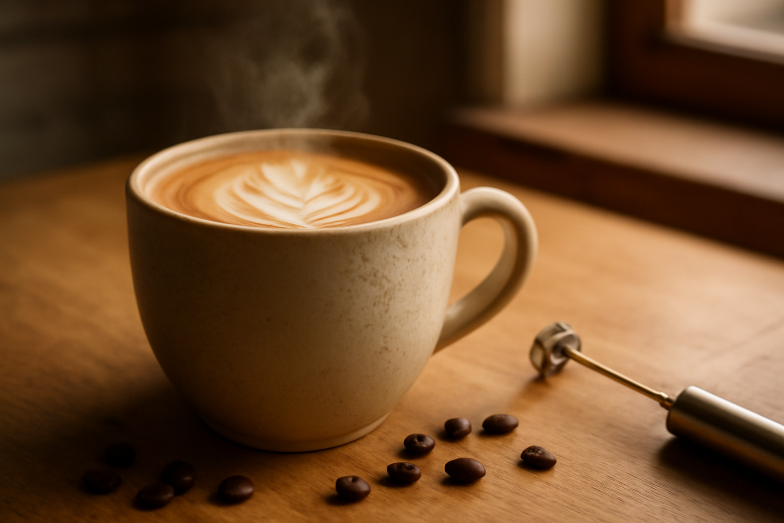 Latte rumahan dalam cangkir keramik di meja kayu dengan biji kopi dan frother susu manual