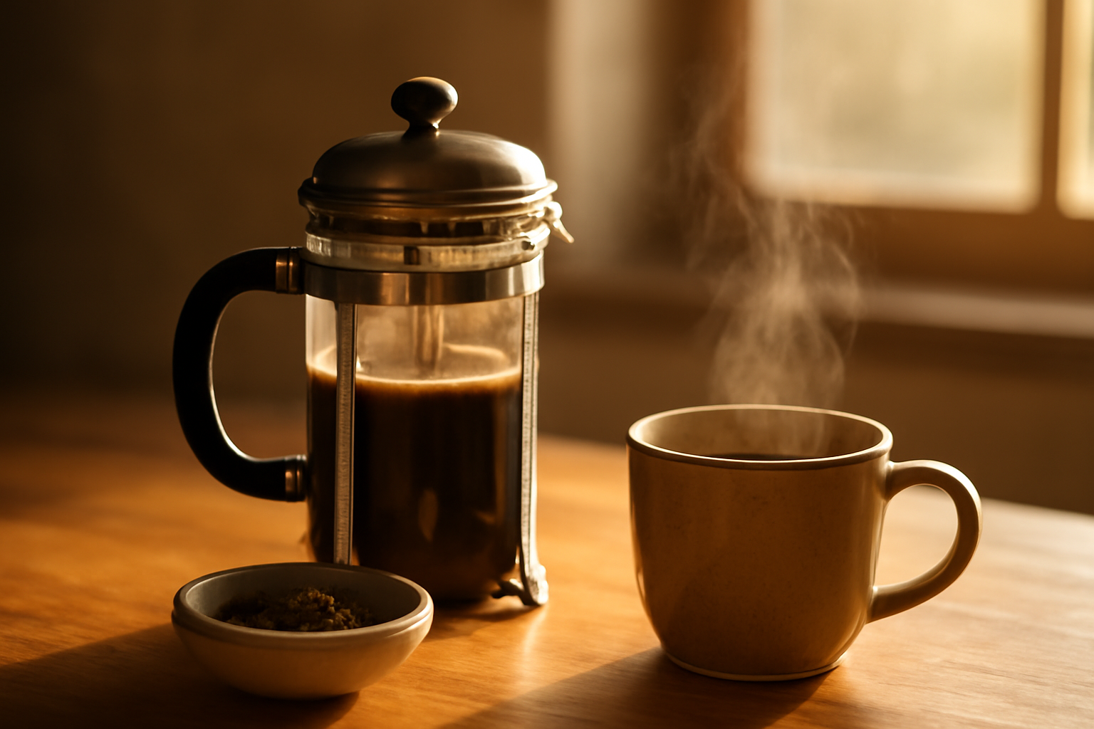 French press kaca dan kopi giling kasar di meja dapur kayu saat menyeduh kopi pagi
