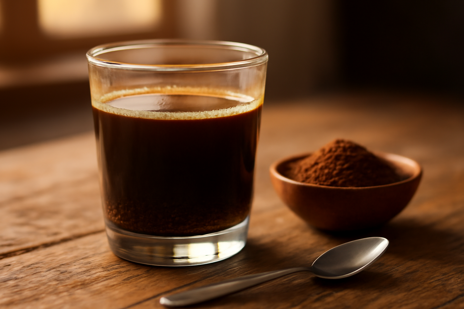 Segelas kopi tubruk hitam dengan ampas mengendap di dasar gelas di atas meja kayu