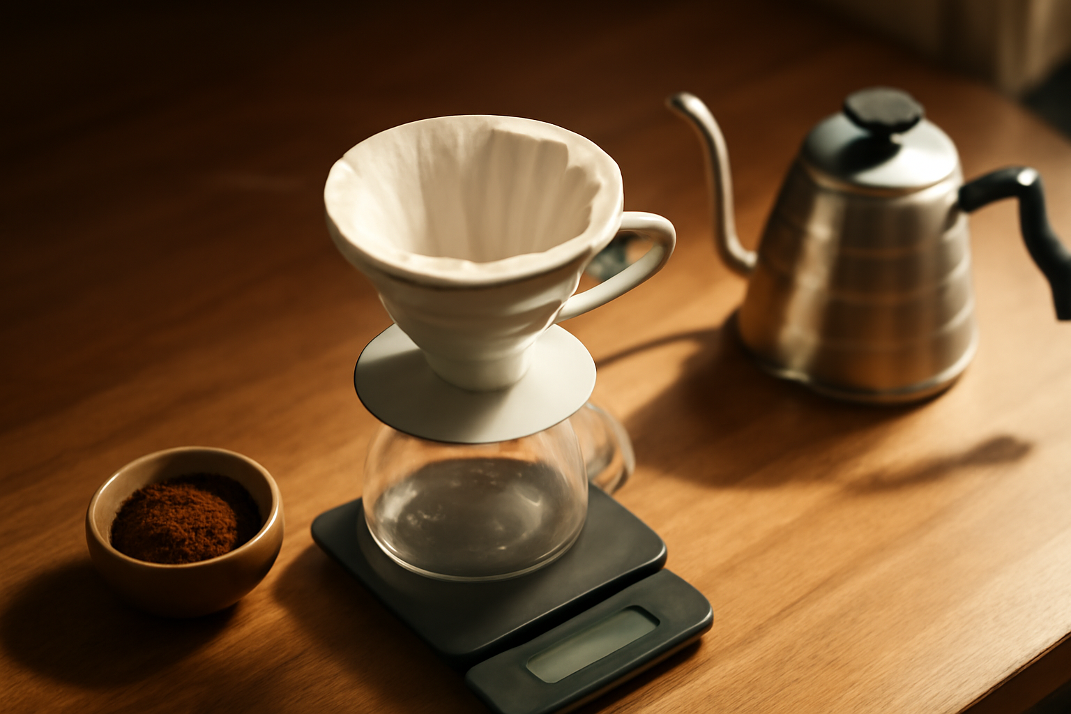 Alat seduh kopi V60 di atas meja kayu bersama ketel dan timbangan dapur