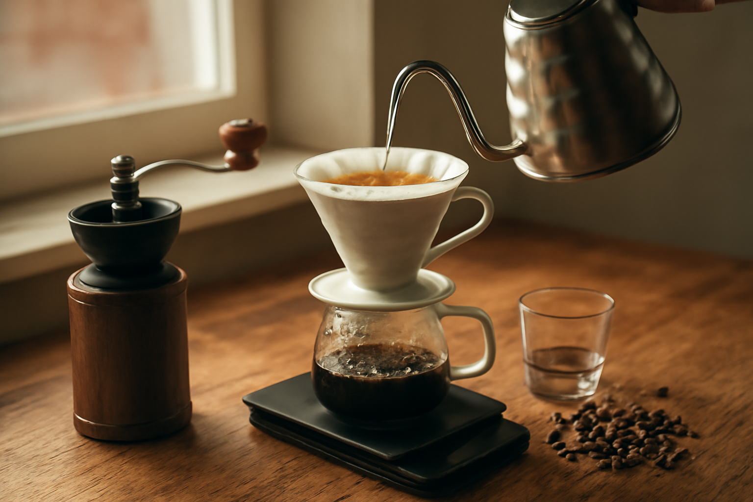 Alat seduh kopi manual di dapur rumah dengan ketel corong dan timbangan digital