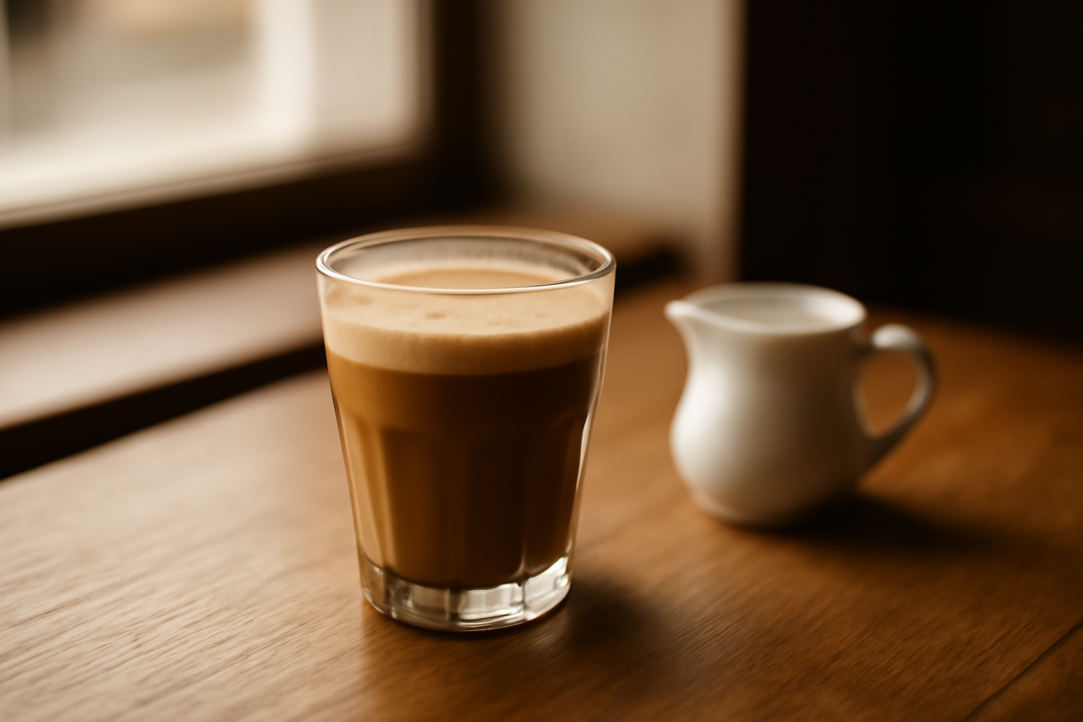 Segelas kopi susu di meja kayu kafe dengan pitcher susu di sampingnya