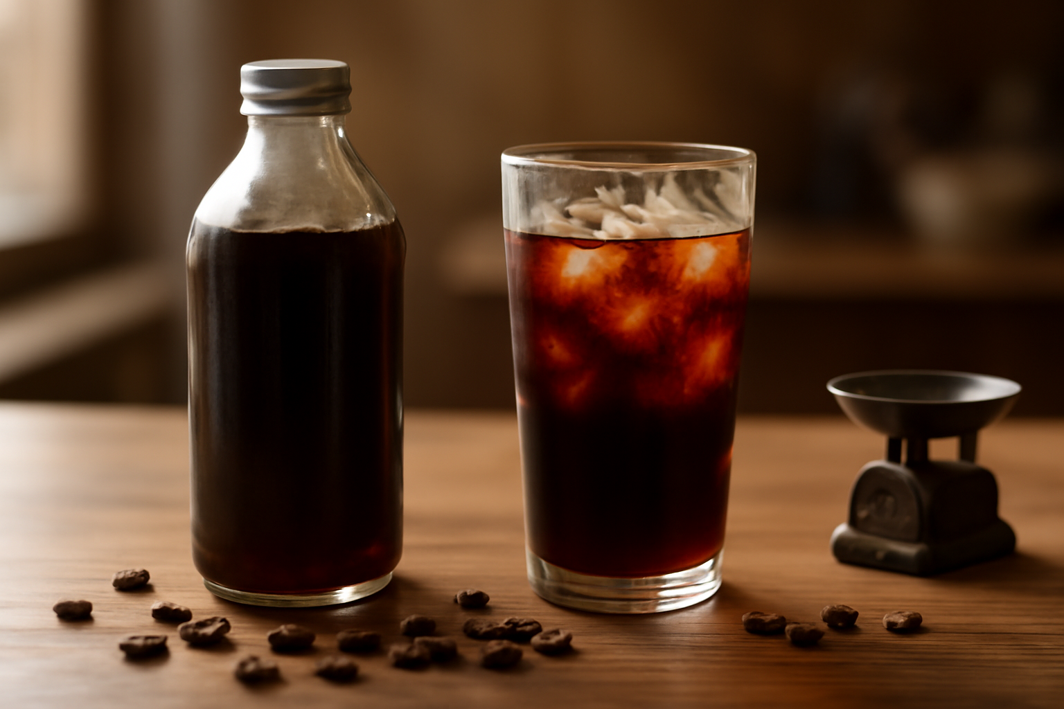 Botol konsentrat cold brew kopi dan gelas berisi es di meja kayu kafe