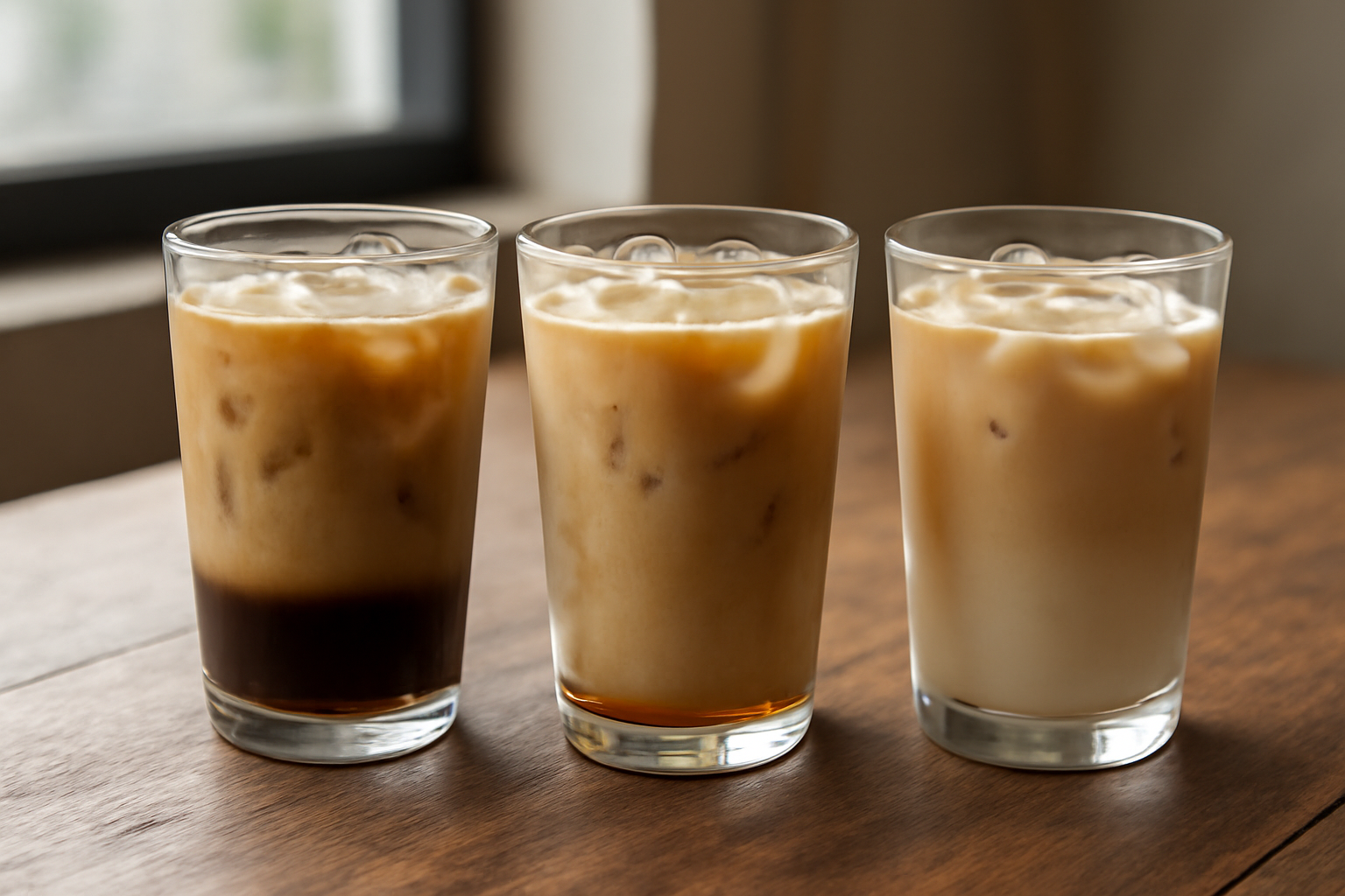 Tiga gelas es kopi susu dengan pemanis berbeda: gula aren, palm sugar, dan susu kental manis