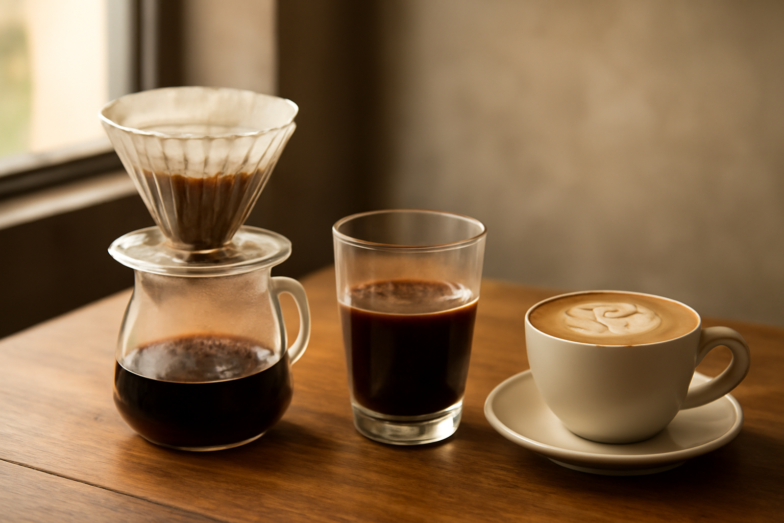 Tiga metode seduh kopi: V60, kopi tubruk, dan latte di atas meja kayu